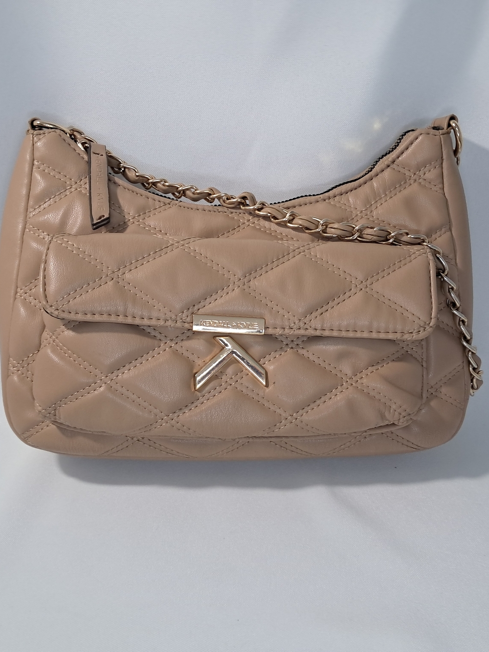 Kendall & Kylie Beige Quilted Shoulder Bag Gold Weaved Chain Purse Taupe Handbag